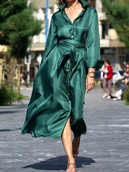 

Regular Fit Shirt Collar Long sleeve Urban Long Dress, Green, Maxi Dresses