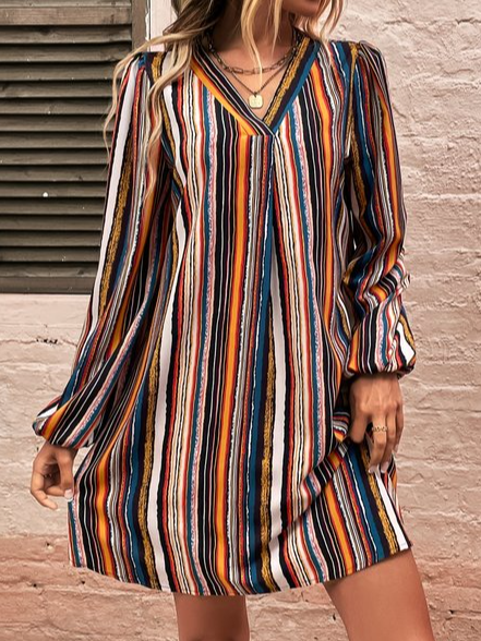 

Striped V Neck Loose Casual Dress, Multicolor, Dresses