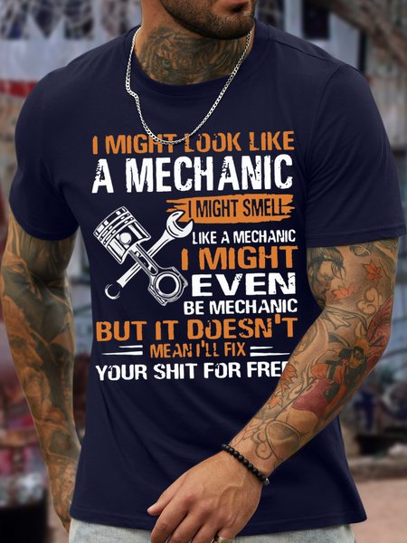 

Men's I Might Look Like A Mechanic I Might Smell Like A Mechanic L'll Fix Your Things For Free Funny Graphic Print Cotton Casual Crew Neck Text Letters T-Shirt, Purplish blue, T-shirts