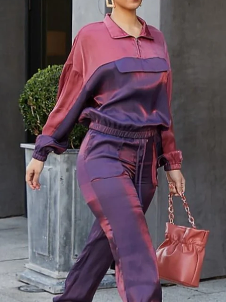 

Loose Shirt Collar Color Block Long sleeve Urban Top, Purple, Linen Tops