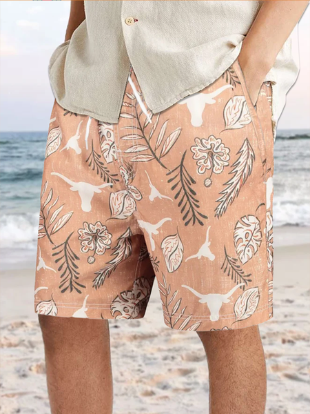 

Plant Flower Printing Rubber Band Drawstring Shorts, As picture, Men's shorts