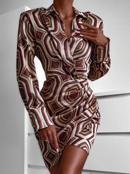 

Shirt Collar Elegant Regular Fit Geometric Dress, As picture, Mini Dresses