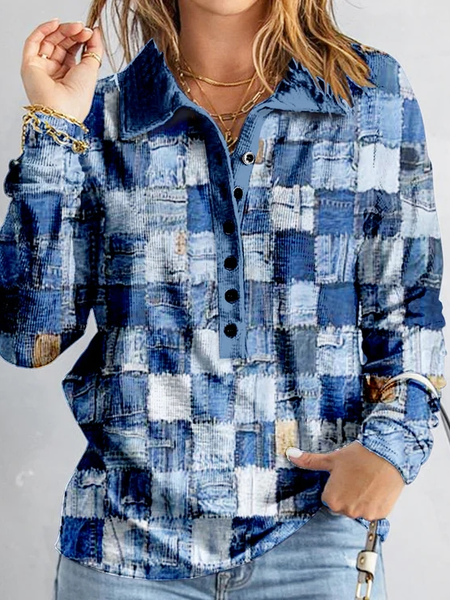 

Color Block Loose Shawl Collar Casual Blouse, Blue, Shirts & Blouses