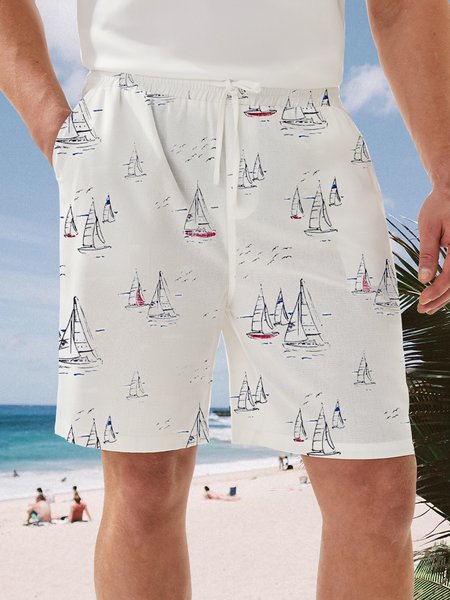 

Sailboat Drawstring Bermuda Casual Shorts, White, Men's shorts
