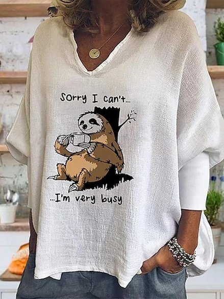 

Text Letters l Linen V Neck Casual Top, White, Tops