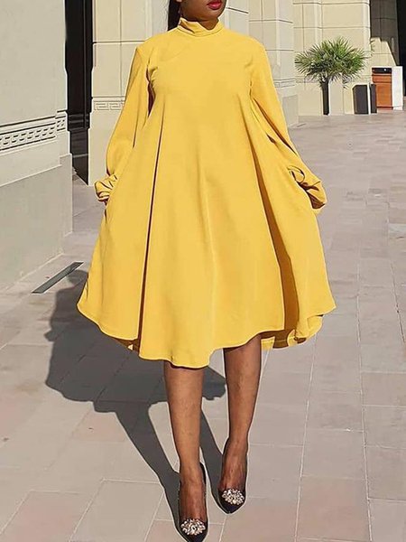 

Stand Collar Elegant Loose Plain Dress, Yellow, Mini Dresses