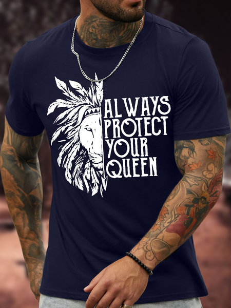 

Men's Always Protect Your Queen Funny Graphic Print Valentine's Day Gift Couple Crew Neck Cotton Text Letters Casual T-Shirt, Purplish blue, T-shirts