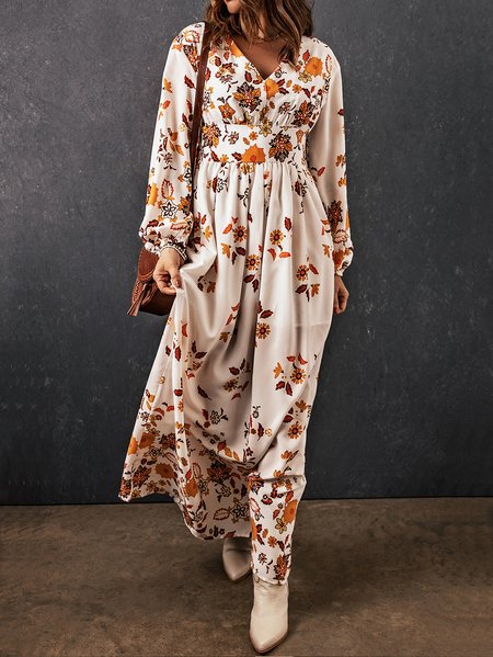 

V Neck Casual Floral Loose Dress, Multicolor, Dresses