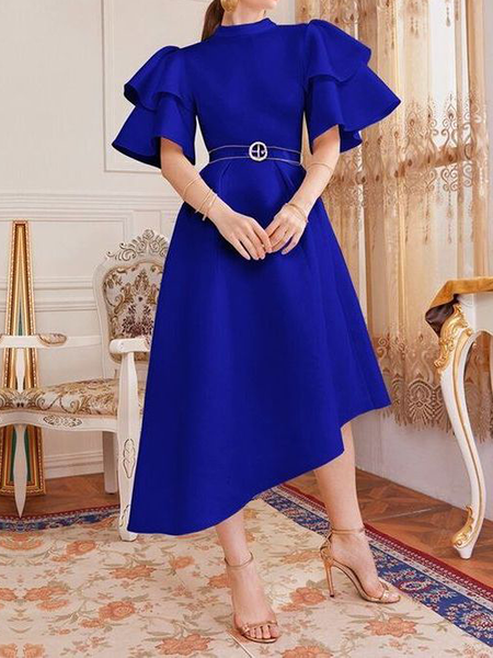 

Stand Collar Regular Fit Short sleeve Elegant Midi Dress, Blue, Midi Dresses