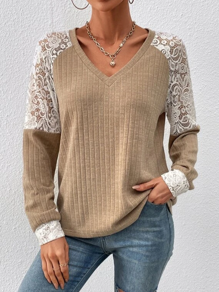 

Lace Loose Casual V Neck T-Shirt, Light khaki, T-Shirts