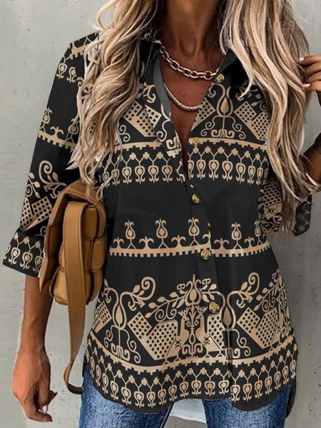 

Ethnic Casual Buttoned Shawl Collar Blouse, Black, Shirts & Blouses