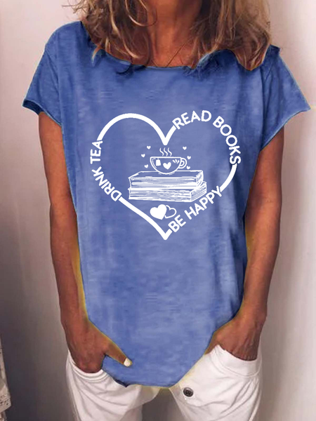 

JFN Women's Book Lover Drink Tea Read Books Be Happy Cotton-Blend Loose Casual T-Shirt, Blue, T-Shirts