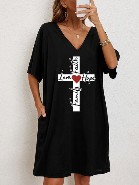 

Color Block V Neck Casual Loose Dress, Black, Clothing