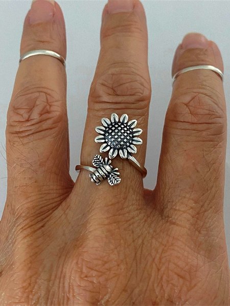 

Ethnic Vintage Sunflower Bee Pattern Open Ring Bohemian Distressed Jewelry, Silver, Rings