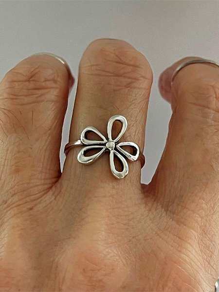 

Boho Resort Silver Cutout Floral Ring Ethnic Beach Vacation Jewelry, As picture, Rings