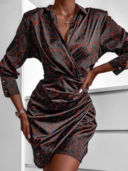 

Urban Shirt Collar Print Long Sleeve Dress, Brown, Mini Dresses