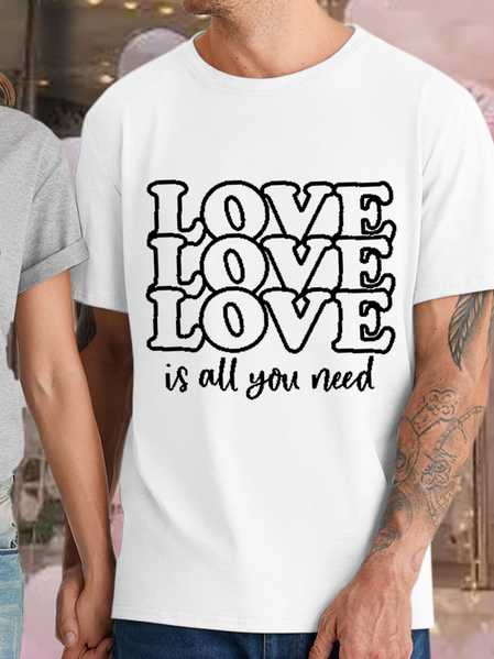 

Men's Love is All You Need Casual Valentine's Couple Cotton Text Letters Loose T-Shirt, White, T-shirts