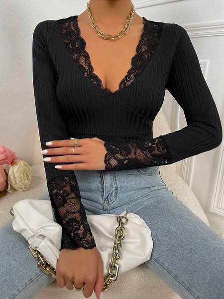 

Plain Lace Edge Regular Fit Elegant T-Shirt, Black, Tees