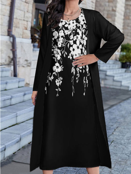

Floral Loose Casual Crew Neck Two-Piece Set, Black, Dresses
