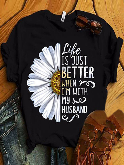 

Text Letters Casual Crew Neck Loose T-Shirt, Black, Clothing