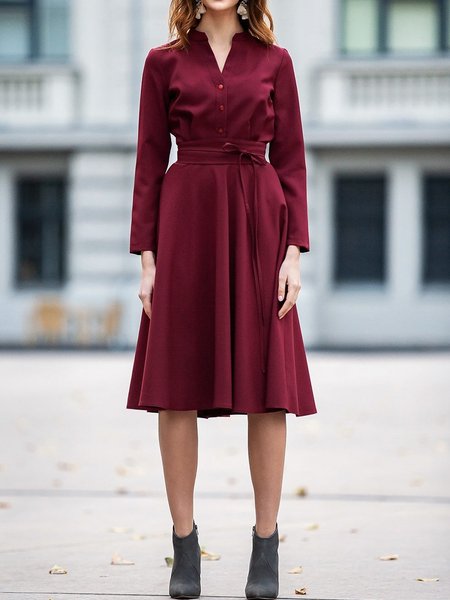 

Long sleeve Elegant Regular Fit V Neck Plain Dress, Wine red, Mini Dresses