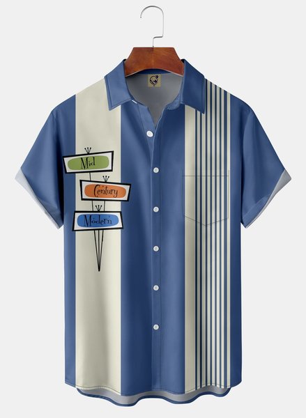 

Mid Century Chest Pocket Short Sleeve Bowling Shirt, Blue, Men Shirts