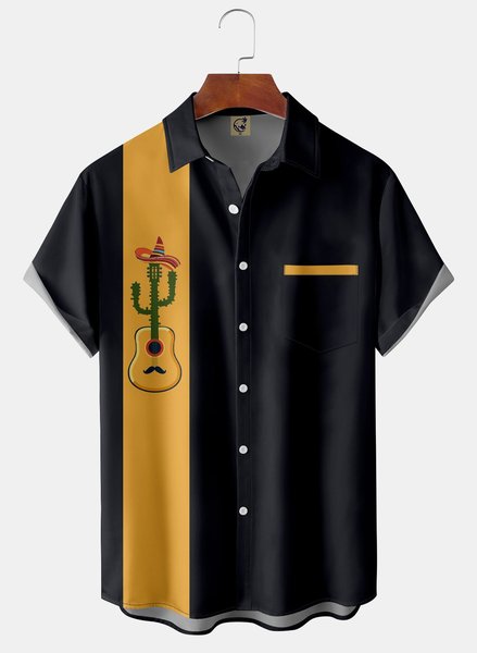 Mexican Guitar Chest Pocket Short Sleeve Bowling Shirt, Black, Men Shirts