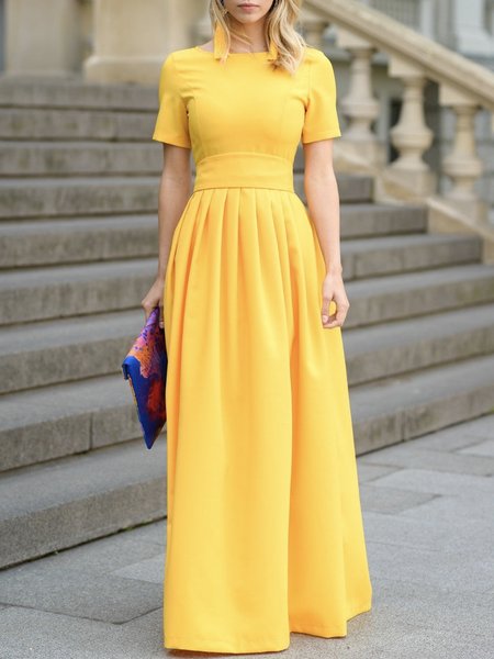 

Short sleeve Elegant Plain Regular Fit Dress, Yellow, Maxi Dresses