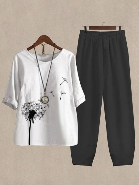 

Casual V Neck Dandelion Loose Two-Piece Set, Black-white, Suits