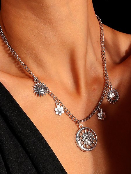 

Boho Vacation Sun Moon Necklace Ethnic Vintage Party Beach Jewelry, Silver, Necklaces