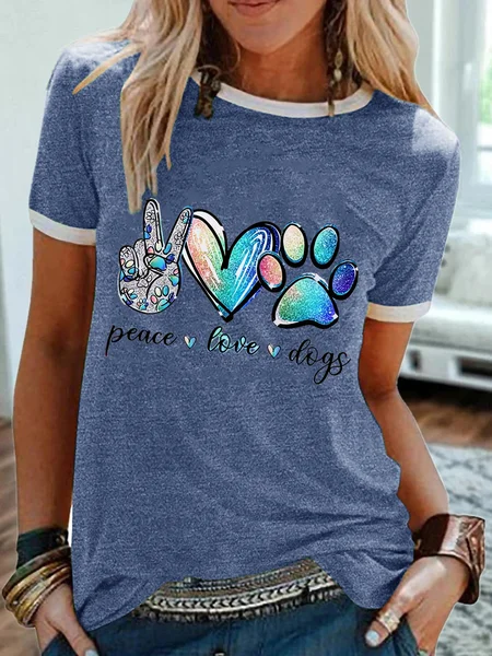 

Fashion Peace Love Dog Paws Cotton-Blend Dog Crew Neck Simple T-Shirt, Blue, T-Shirts