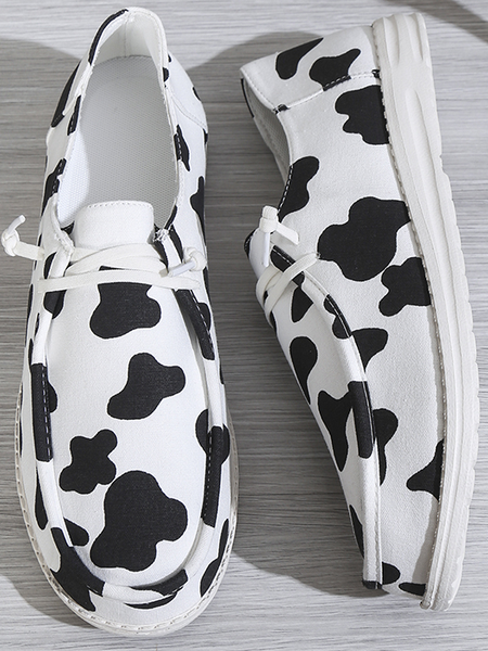 

Cow Pattern Graphic-Print Denim Lace-Up Canvas Flats, Black-white, Sneakers