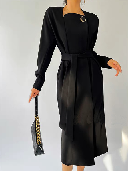 

Regular Fit Square Neck Plain Elegant Dress, Black, Midi Dresses
