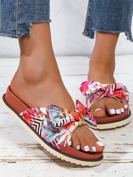 

Tropical Print Bow Beach Slippers, Red, Sandals