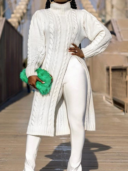 

Regular Fit Urban Plain Turtleneck Long sleeve Mid-long Sweater, White, Pullovers