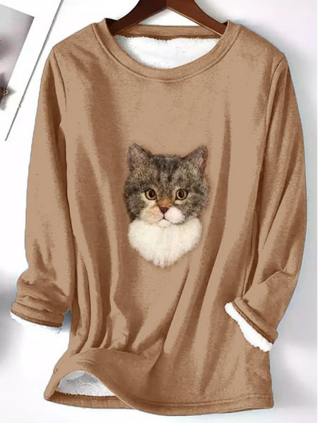 

Casual Cat Animal Regular Fit Crew Neck Cotton-Blend Sweatshirt, Brown, Sweatshirts & Hoodies