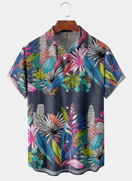 

Tropical Plants Chest Pocket Short Sleeve Aloha Shirt, Purple, Men Shirts