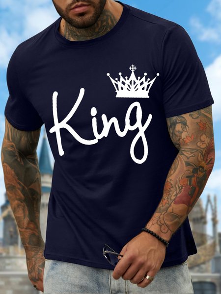 

Men's King Crown Funny Graphic Print Valentine's Day Gift Couple Text Letters Casual Cotton Loose T-Shirt, Purplish blue, T-shirts
