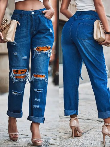 

Print Ripped Patchwork Jeans, Blue, Jeans