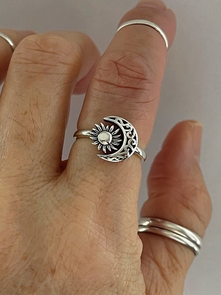 

Retro Sun Moon Pattern Open Ring Ethnic Style Daily Jewelry, Silver, Rings