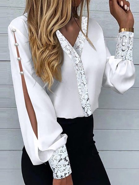 

Plain Elegant Regular Fit Long Sleeve Blouse, White, Blouses and Shirts