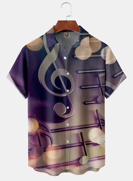 

3D Music Notes Chest Pocket Short Sleeve Casual Shirt, Black, Men Shirts
