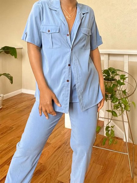 

Women's Solid Color Lapel Blue Shirt Two-Piece Set, Suit Set