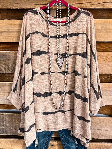 

Loose Crew Neck Casual Striped Top, Khaki, Tops