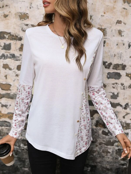 

Floral Loose Knitted Casual T-Shirt, White, Clothing