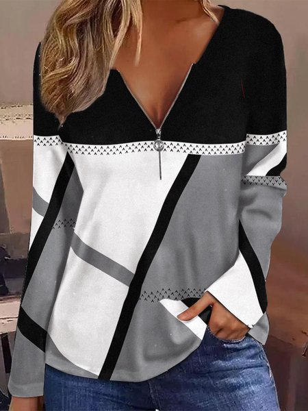 

Casual Loose Color Block V Neck Zipper T-Shirt, Black-grey, Tunics