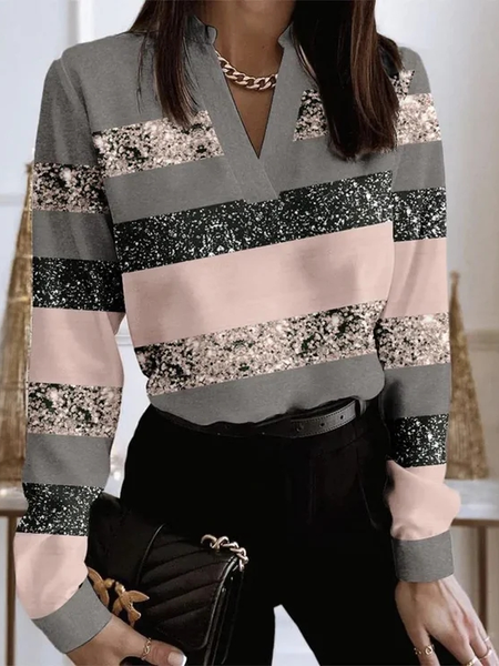 

Casual Color Block V Neck Loose Top, Multicolor, Shirts & Blouses