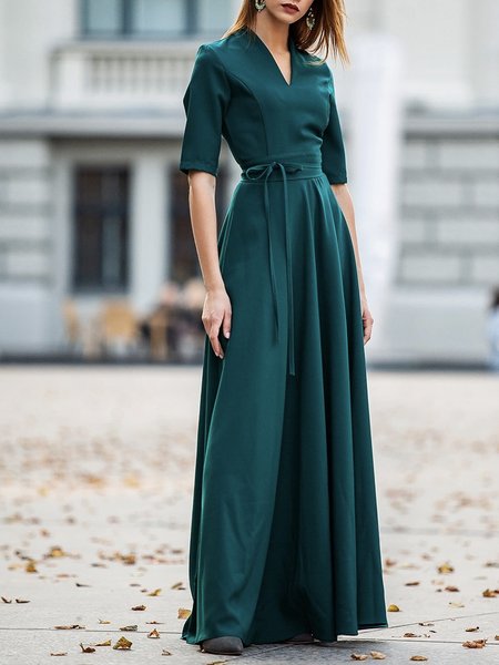 

Long Short sleeve V Neck Elegant Regular Fit Dress, Green, Maxi Dresses
