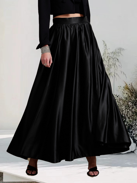 

Satin Regular Fit Elegant Plain Skirt, Black, Skirts