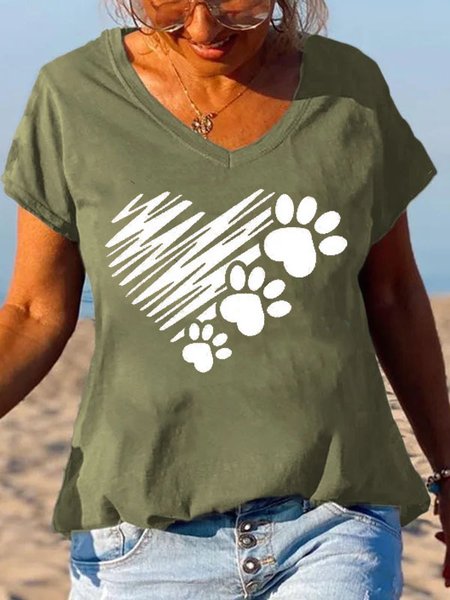 

V Neck Casual Geometric T-Shirt, Green, T-Shirts